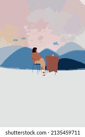Woman sitting with a drink on sunbed, enjoying beautiful landscape in the snowy mountains. Concept of escaping to nature and feeling calm in mountains. Vector illustration. Wide view with copy space