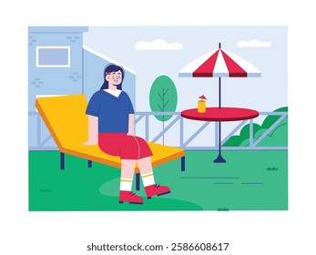 Woman sitting drinking cocktail, enjoying summertime at resort. Design character. Vector flat illustration