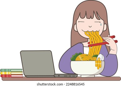 Woman sitting and eating noodles near laptop