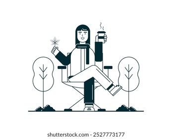 Mujer sentada disfrutando de café caliente, viaje de camping, descanso de la ajetreada vida de la ciudad. Diseño de personajes. Ilustración plana de Vector