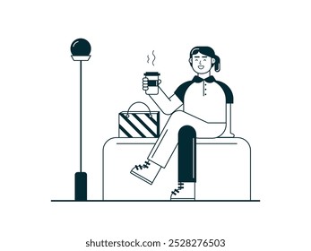 Mujer sentada disfrutando de café caliente, descansando después de ir de compras. Diseño de personajes. Ilustración plana de Vector