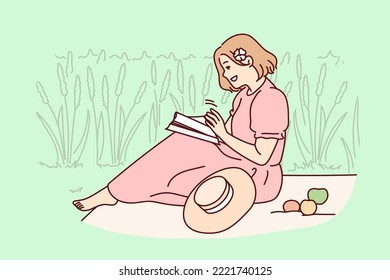 Woman sitting in field reading book. Happy girl enjoy summer picnic with magazine or textbook. Summertime relaxation. Vector illustration. 