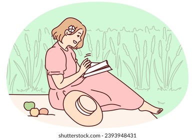 Woman sitting in field reading book. Happy girl enjoy summer picnic with magazine or textbook. Summertime relaxation. Vector illustration.