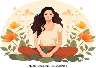 Woman sitting with a flower illustration in the background, good mental health yoga lifestyle selfcare vector