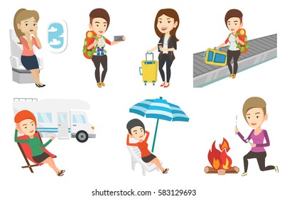 Woman sitting in a folding chair and giving thumb up on the background of camper van. Woman enjoying her vacation in camper van. Set of vector flat design illustrations isolated on white background.