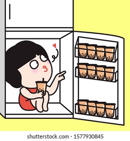 Woman Sitting In A Fringe That Full Of Many Cups Of Bubble Milk Tea. Concept Of Sweettooth People Card Character illustration