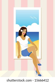 Woman sitting in front of a beach scene. Vector illustration