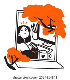 a woman is sitting in front of a computer with a cup of coffee