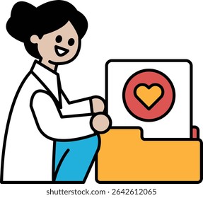 A woman is sitting in front of a computer with a heart on the screen. She is smiling and she is happy