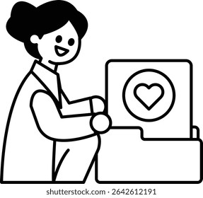 A woman is sitting in front of a computer with a heart on the screen. Concept of warmth and affection, as the woman is likely sharing a special moment with someone or expressing her love for them
