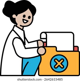 Una mujer está sentada frente a una computadora y sonríe. Lleva una bata de laboratorio blanca