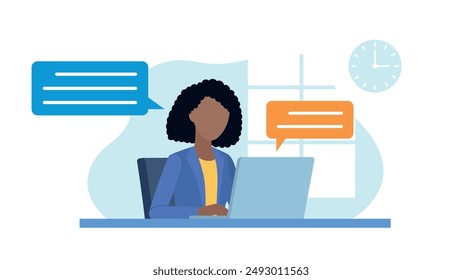 Woman sitting in front of a desk in the office and working on laptop. Having conversation with coworker or client. Speak bubbles come from woman and laptop. Flat design vector.