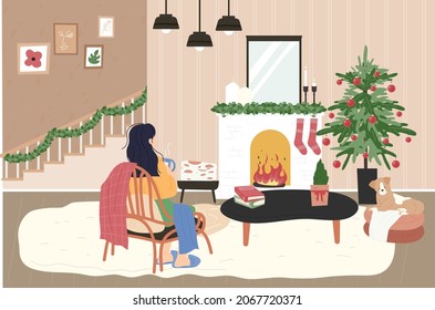 A woman is sitting in front of a fireplace. Her house is decorated for Christmas. flat design style vector illustration.