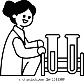 A woman is sitting in front of a lab bench with two beakers. She is smiling and she is happy