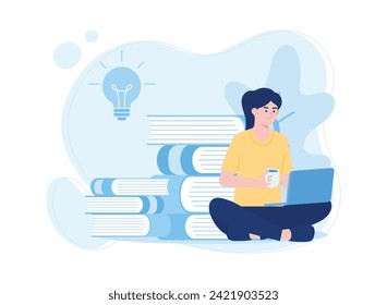 woman sitting in front of laptop and reading online book online education concept trending concept flat illustration