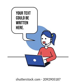 Woman sitting in front of laptop and talking into a headset with speech bubble