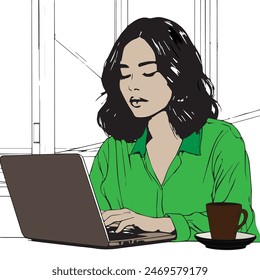 Woman Sitting In Front Of Laptop Vector Line Art. Line Art. Line Drawing. Sketch. Laptop. Freelance. Job. Office.