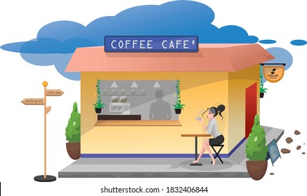 a woman sitting in front of a shop.
.eps file be able to separated and moved freely.