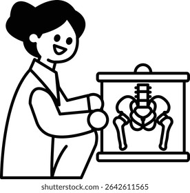 A woman is sitting in front of a skeleton. She is smiling and she is happy. The skeleton is in a display case, and the woman is looking at it