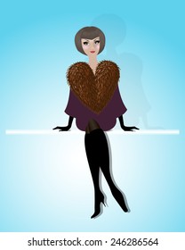 Woman Sitting In A Fur Cape On A Homogeneous Background