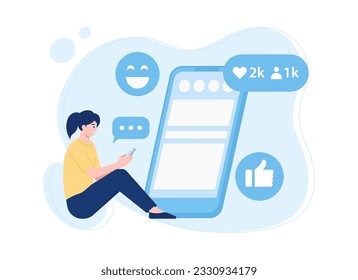 Woman sitting with gadgets and emojis trending concept flat illustration
