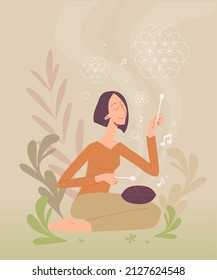 Mujer sentada en el jardín practicando la meditación de la música de curación sonora a mano. Ilustración de moda vectorial de yoga.