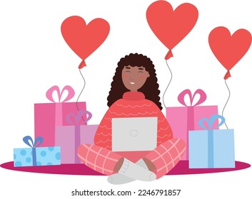 Woman sitting with gift boxes. Valentine's day greeting. Heart shaped balloons. 