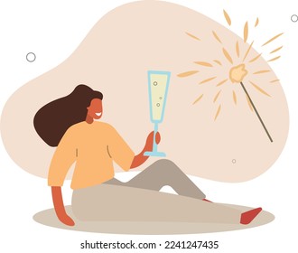 Woman sitting with a glass of champagne concept of New Year and Christmas.flat vector illustration.