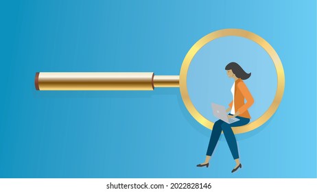 Woman sitting in golden magnifying glass. Dimension 16:9. Vector illustration.