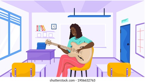 Woman sitting with guitar in hands. Person creates music on guitar at school. Musician plays strings on musical instrument. Afro american girl creates melody and sings. Guitarist teaches music class