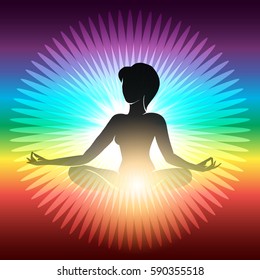 Woman sitting in half lotus pose for meditation against rainbow background. Vector Yoga meditation illustration.