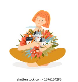 Woman sitting hands hugging houses with flowers. Home feeling, relaxation in neighbourhood, loving embracing country and flowers. Hand drawn vector flat design.