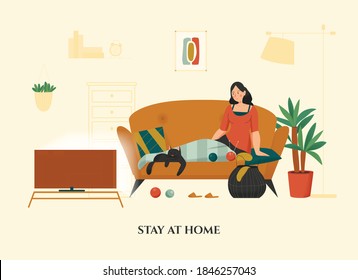 Woman sitting with her cat on sofa under warm lap blanket cozy home flat vector illustration