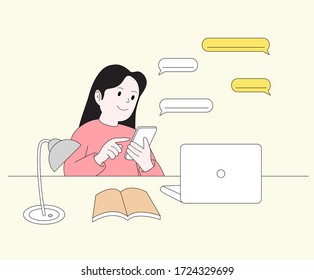 mujer sentada en su escritorio charlando en su juego de ilustración de teléfono celular. portátil, charla, mensaje, libro, luz. Dibujo de vectores. Estilo dibujado a mano.