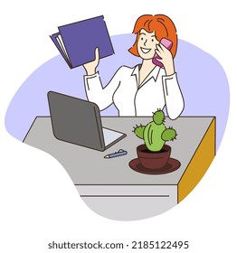 Woman sitting at her desk with a laptop and holding document. Woman speaking on the phone. Worker, employee in the office. Freelancer at home. Businesswoman. Worke space.