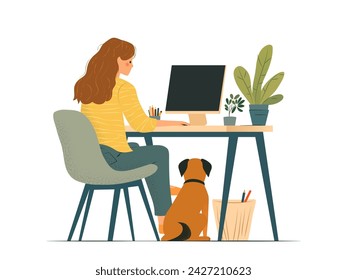 Woman sitting at her desk with a puppy while working on her computer, full body, isolated on a white background. Simple flat vector illustration