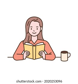 A woman is sitting at her desk and reading a book. outline simple vector illustration.