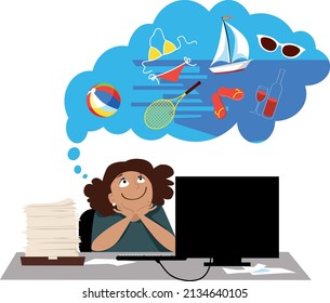 Woman sitting at her desk at work, dreaming about summer vacation, EPS 8 vector illustration