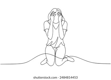 woman sitting with her head in her hands, looking distressed continuous line art vector illustration.