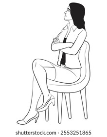 Una mujer sentada con las piernas y los brazos cruzados mientras observaba algo. Ilustración en blanco y negro y formato de Vector. 