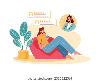 a woman is sitting and holding her smartphone chatting with customer service giving ratings and seeing ratings from other people
flat design
vector illustration