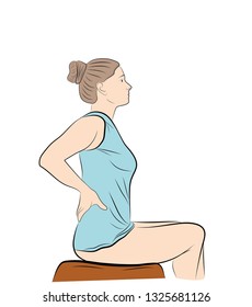 the woman is sitting. holding his back. backache. vector illustration.
