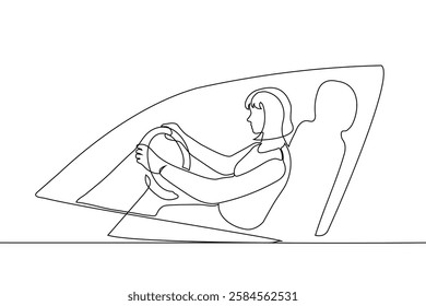 woman sitting holding steering wheel of car, view from outside car through window - one line art vector. Handmade vector not AI