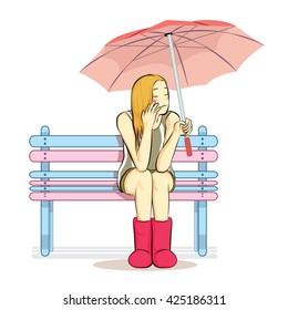 woman sitting holding umbrella on colorful chair