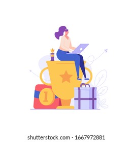 Woman sitting and holding winner cup. Reward program and receiving rewards. Concept of earn reward loyalty, bonus, business award. Vector illustration for UI, mobile app