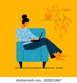 A woman is sitting at home in a chair and working, studying on a laptop. Vector illustration