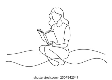 Woman sitting at home on the bed and reading a book One line continuous line art vector illustration on white background