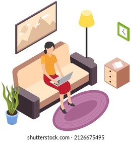 Woman sitting at home on comfortable couch communicate with computer, browsing or working on laptop at her laps. Flat style interior living room. Freelance, online education or social media concept