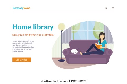 Woman sitting at home on the sofa and reading a book. Flat concept vector website template and landing page design of home library or distance learning sevices and educational startup