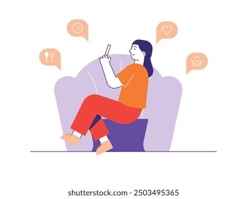 A woman is sitting at home, waiting for a food order to come through the phone app. Character design. Vector flat illustration